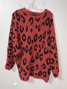 Gigio Rust Red Leopard Pullover Fuzzy Sweater Oversized Cozy S